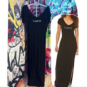 bebe Black Short Sleeve Maxi Dress with Rhinestone Logo • Sz.18/20